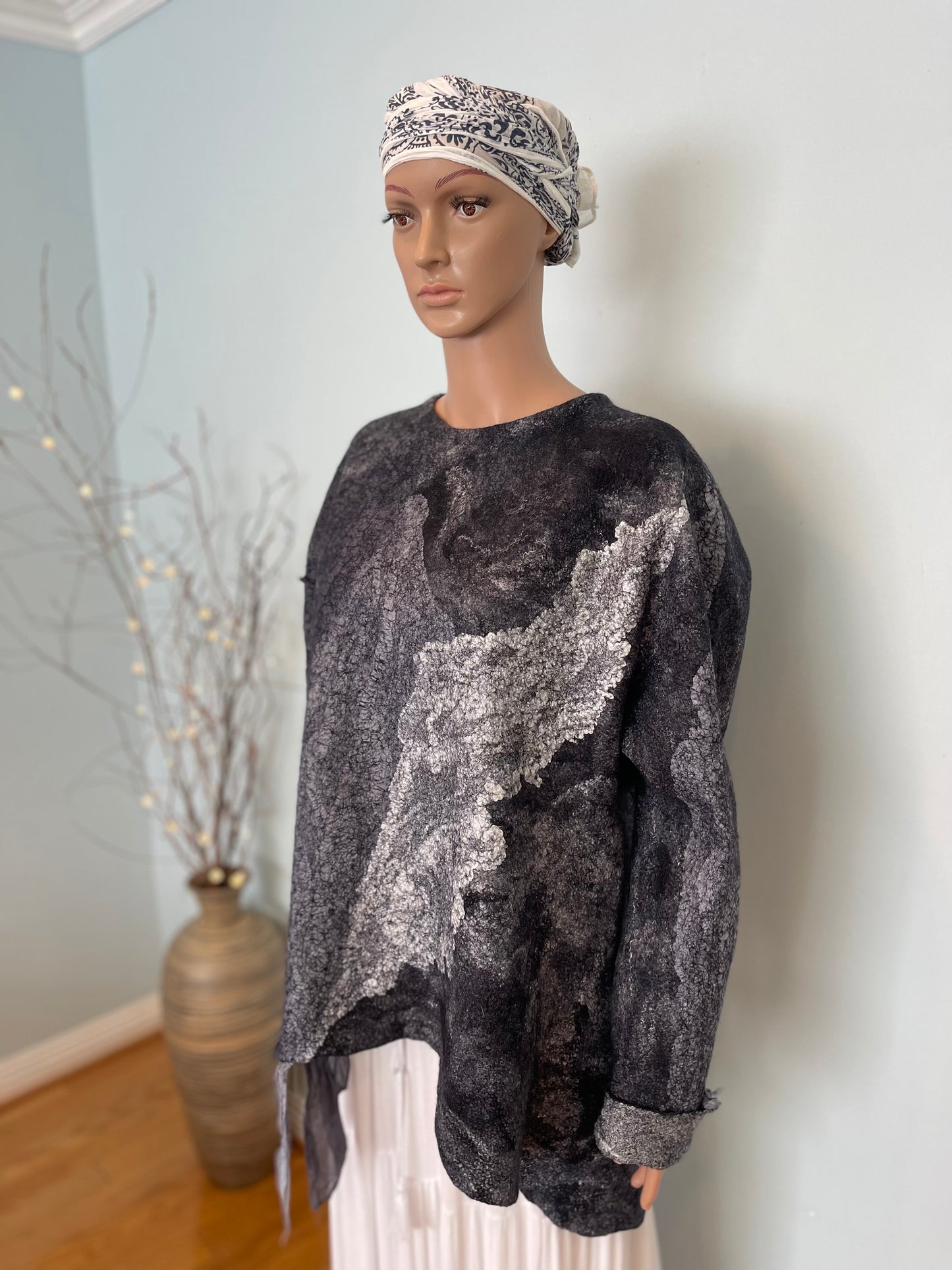 100% Natural Fibers Eco-Fashion Handmade Nuno Felted Silk Wool Eco Friendly Wearable Art Sweater Top Tunic Blouse Sweatshirt  One Size S-XL