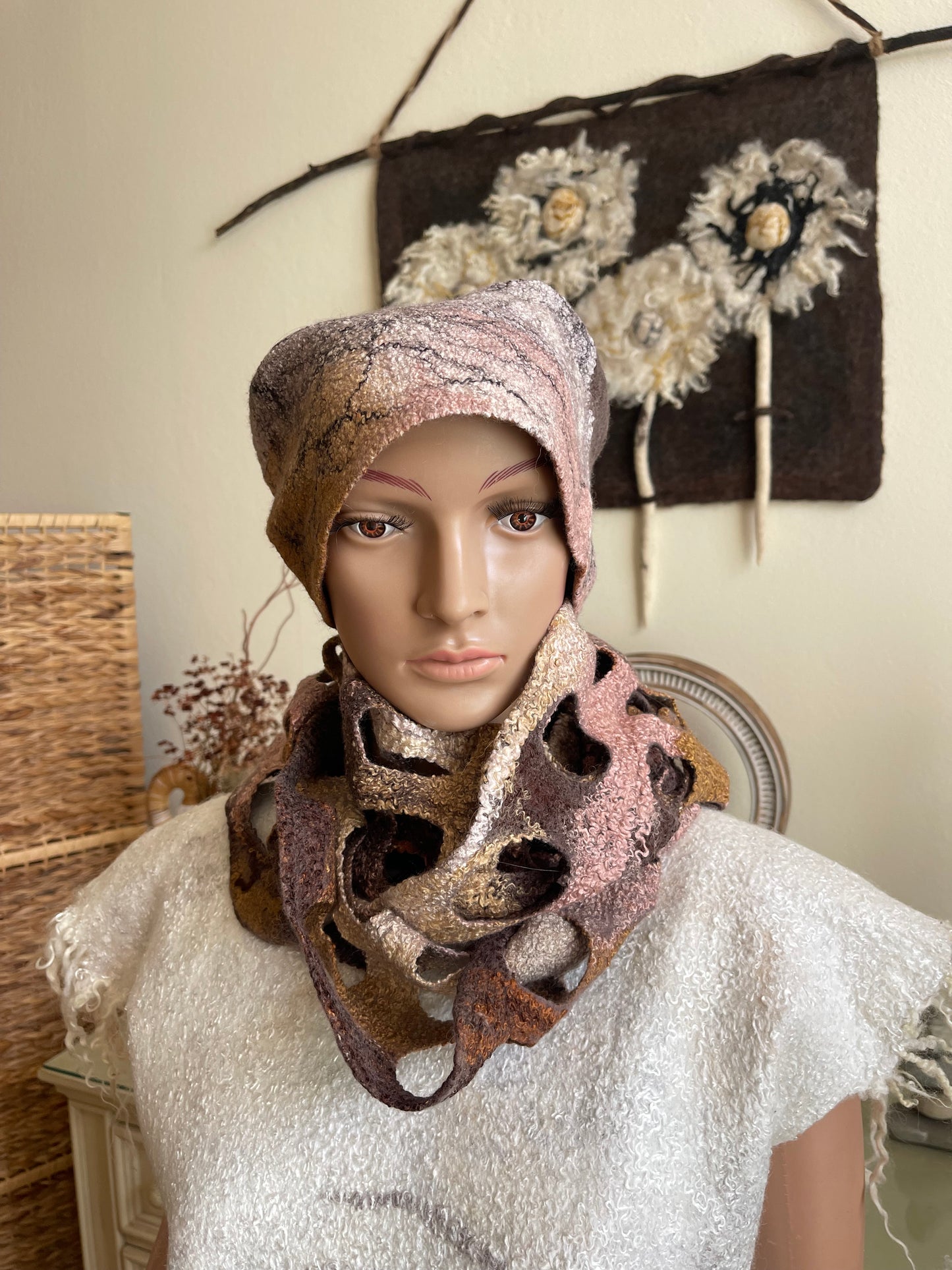 100% Natural Wool Silk Hat and Scarf Set Handmade Unique Gift Eco Fashion Beret Cap Beanie Shanter Shawl Wrap Bactus Muffler Snood