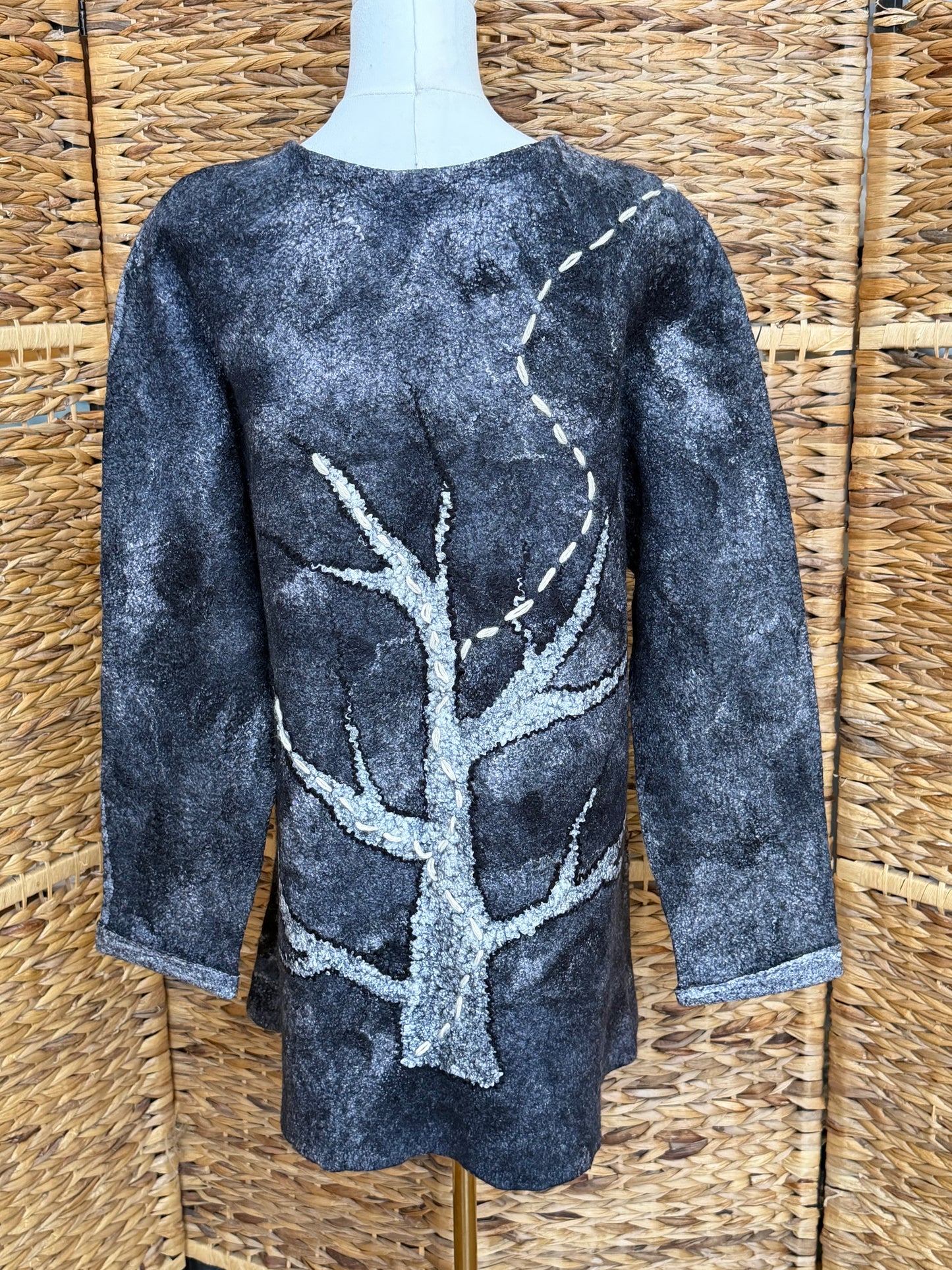 100% Natural Fibers Eco-Fashion Handmade Nuno Felted Silk Wool Eco Friendly Wearable Art Sweater Top Tunic Blouse Sweatshirt  One Size S-XL