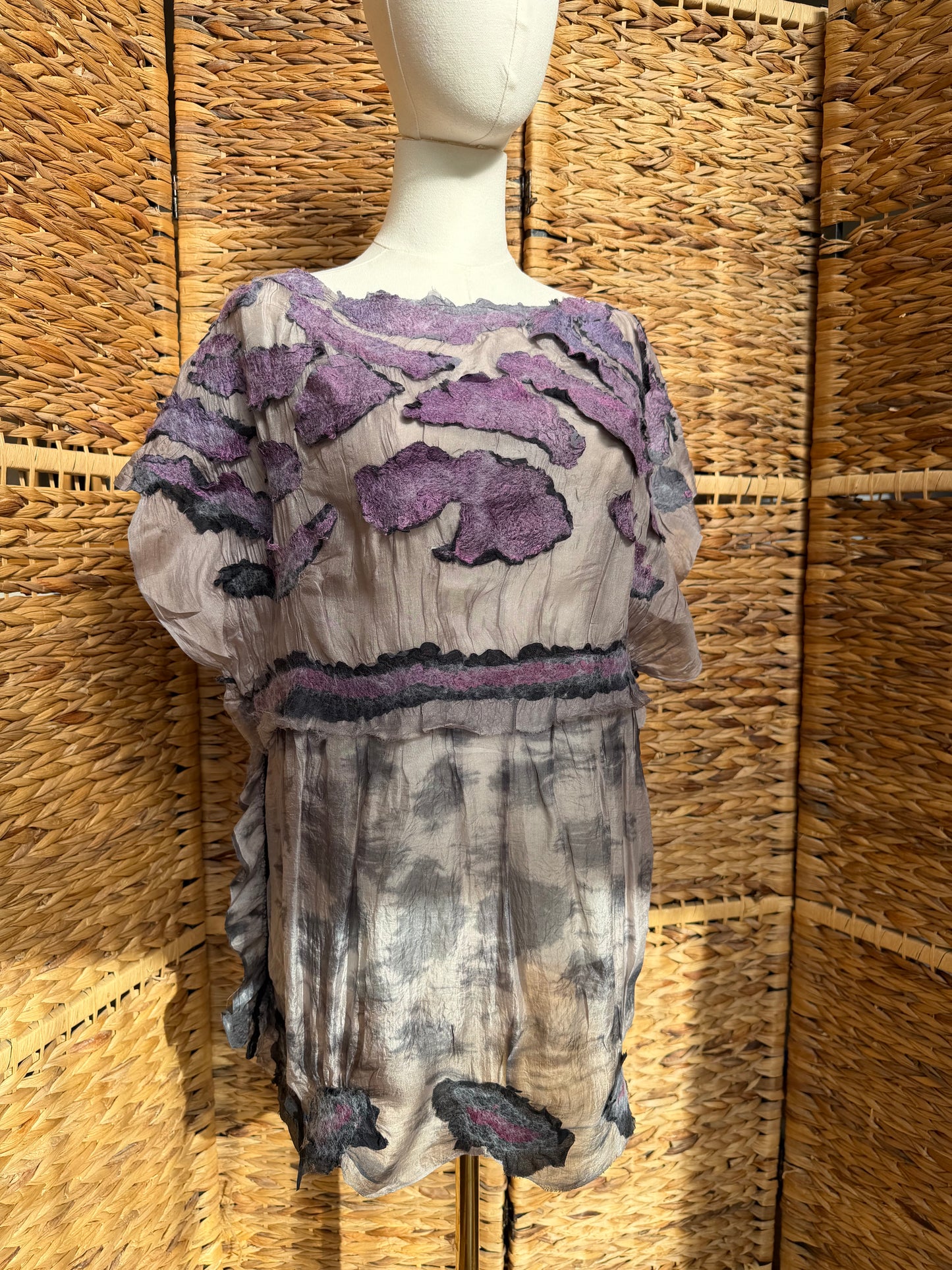100% Natural Handmade Nuno Felted Silk Merino Wool Linen Bamboo Tunic Vest Eco-Friendly Gauze Blouse One Size S-M