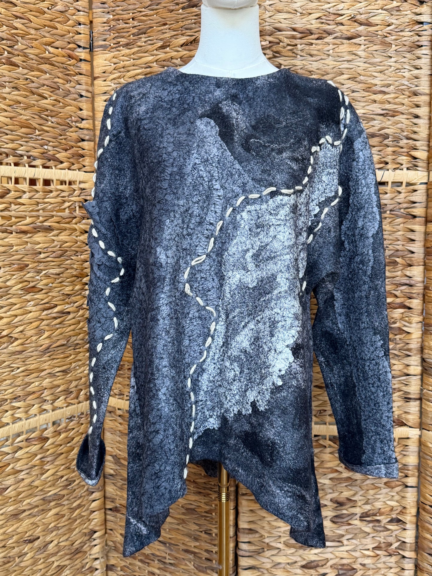 100% Natural Fibers Eco-Fashion Handmade Nuno Felted Silk Wool Eco Friendly Wearable Art Sweater Top Tunic Blouse Sweatshirt  One Size S-XL