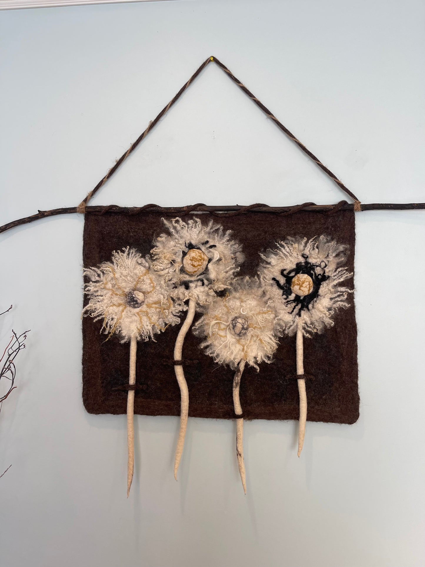 100% Natural wool felted wall art hanging.  “ The family of Dandelion”. Size 29”/23”Handmade .Natural merino wool and other natural fibers