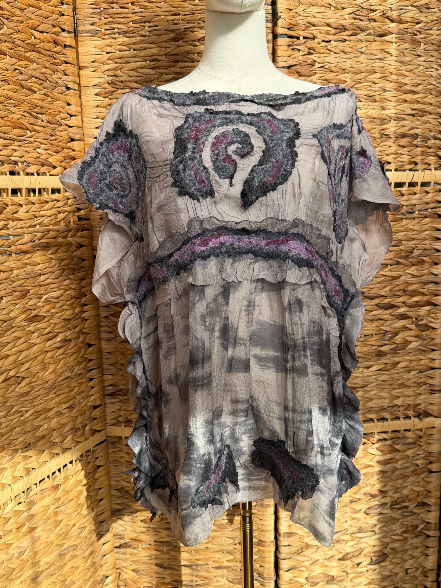 100% Natural Handmade Nuno Felted Silk Merino Wool Linen Bamboo Tunic Vest Eco-Friendly Gauze Blouse One Size S-M