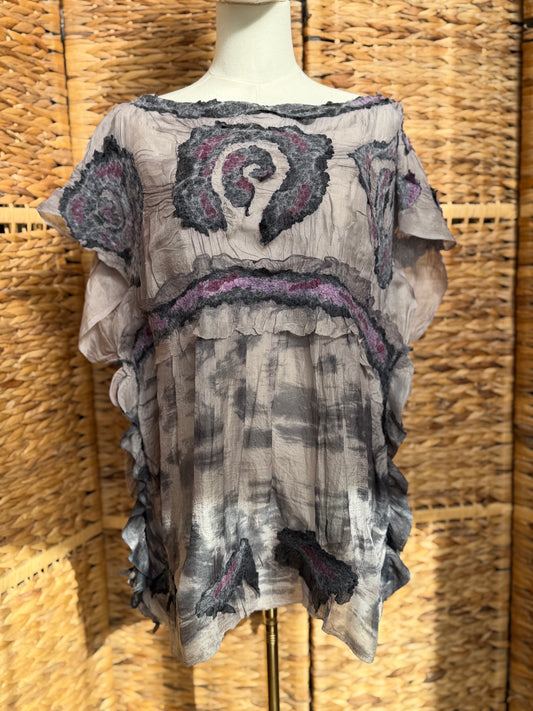 100% Natural Handmade Nuno Felted Silk Merino Wool Linen Bamboo Tunic Vest Eco-Friendly Gauze Blouse One Size S-M