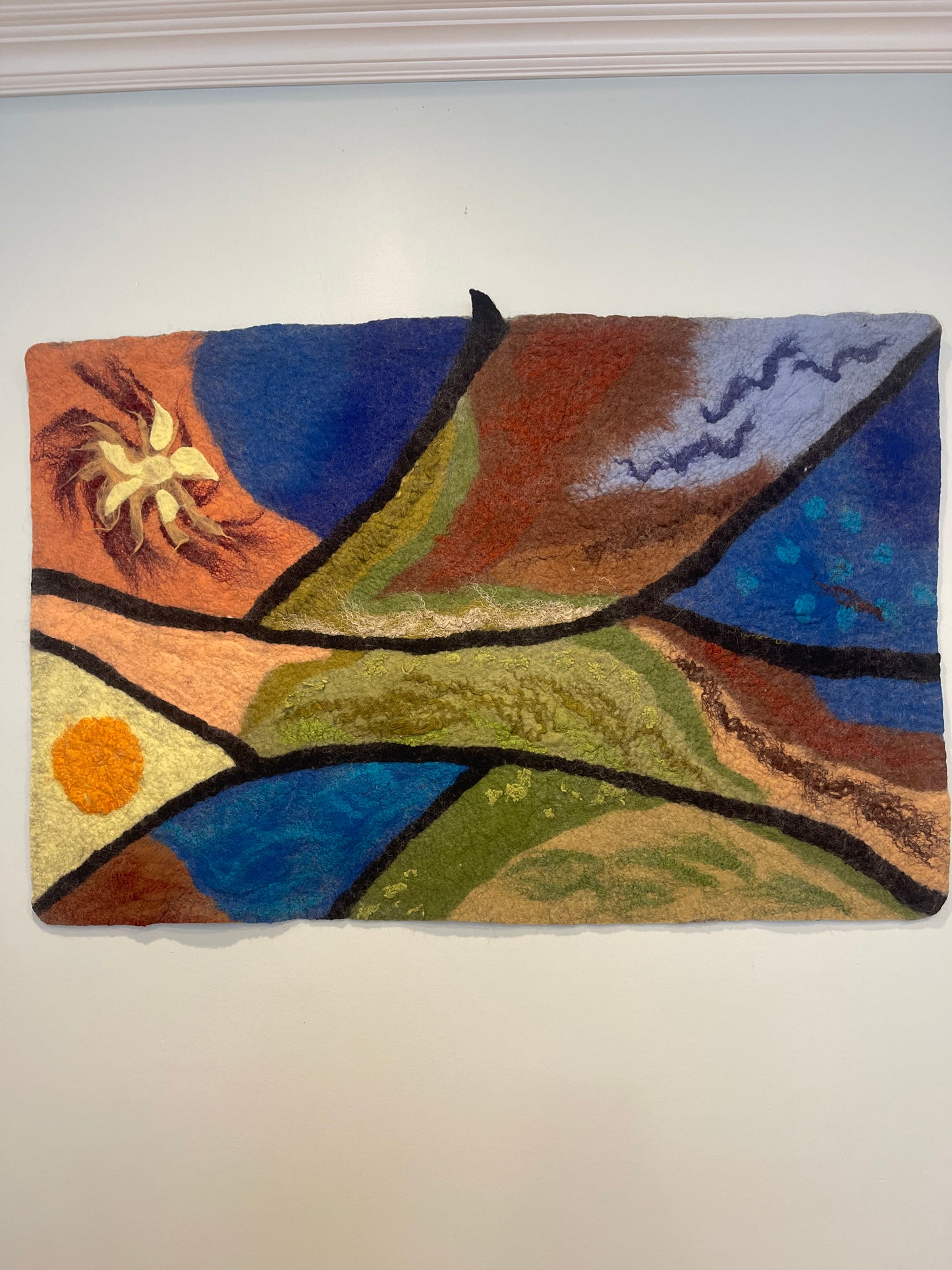 100% natural wool  felted wall art hanging/home  decor“ California Spring ”. Size 43”/27” .Natural merino wool and other natural fibers