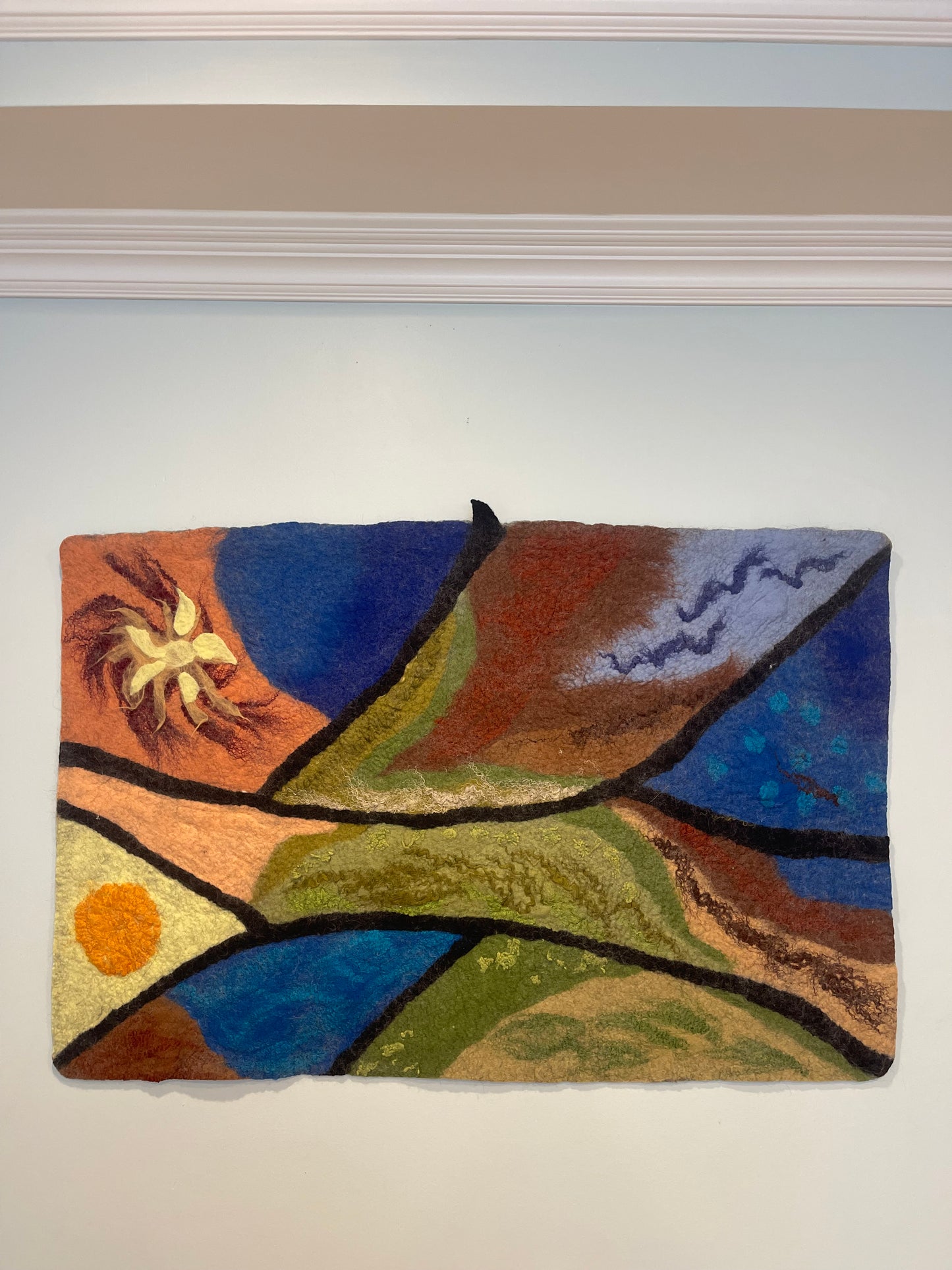 100% natural wool  felted wall art hanging/home  decor“ California Spring ”. Size 43”/27” .Natural merino wool and other natural fibers