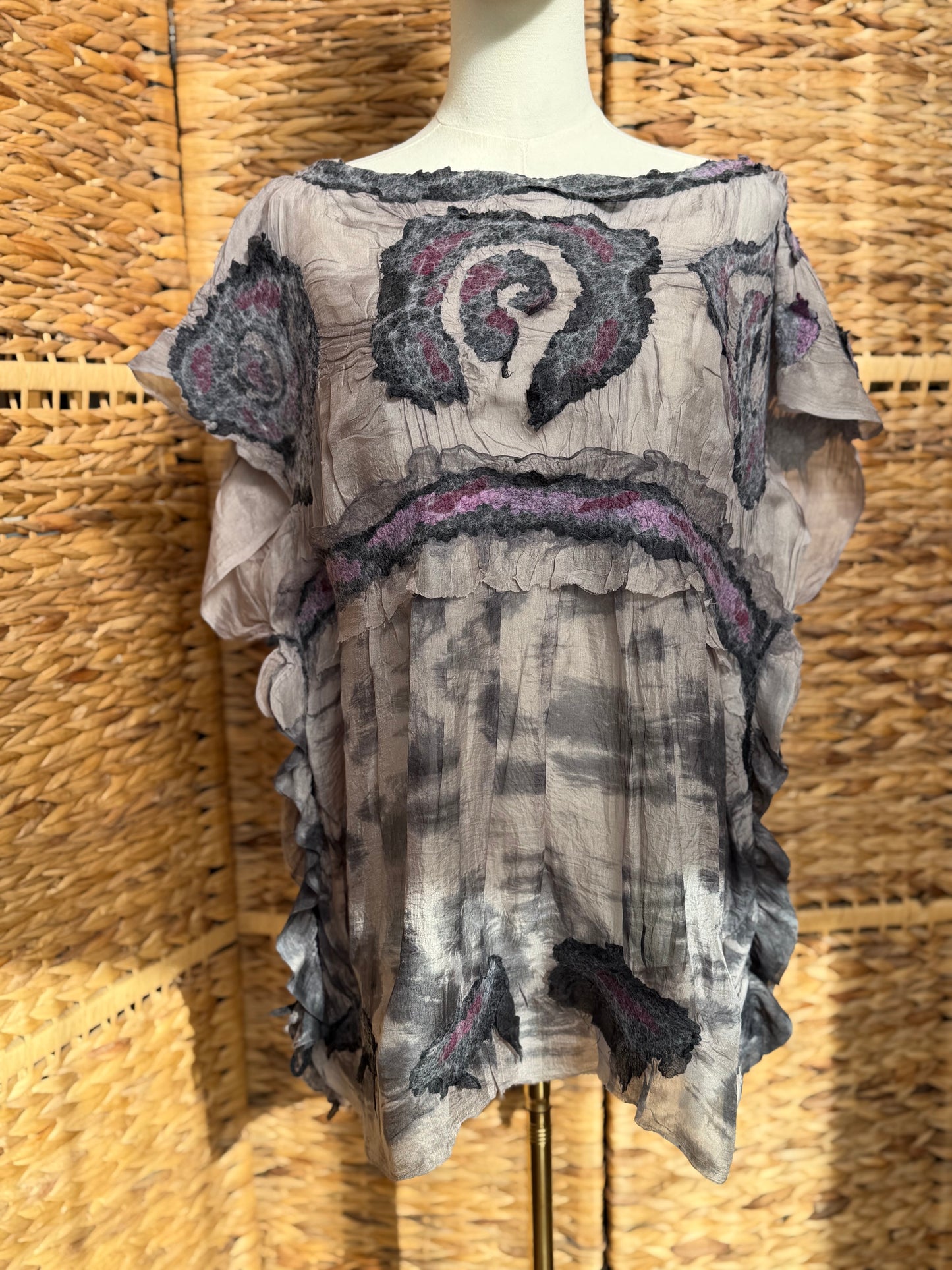 100% Natural Handmade Nuno Felted Silk Merino Wool Linen Bamboo Tunic Vest Eco-Friendly Gauze Blouse One Size S-M