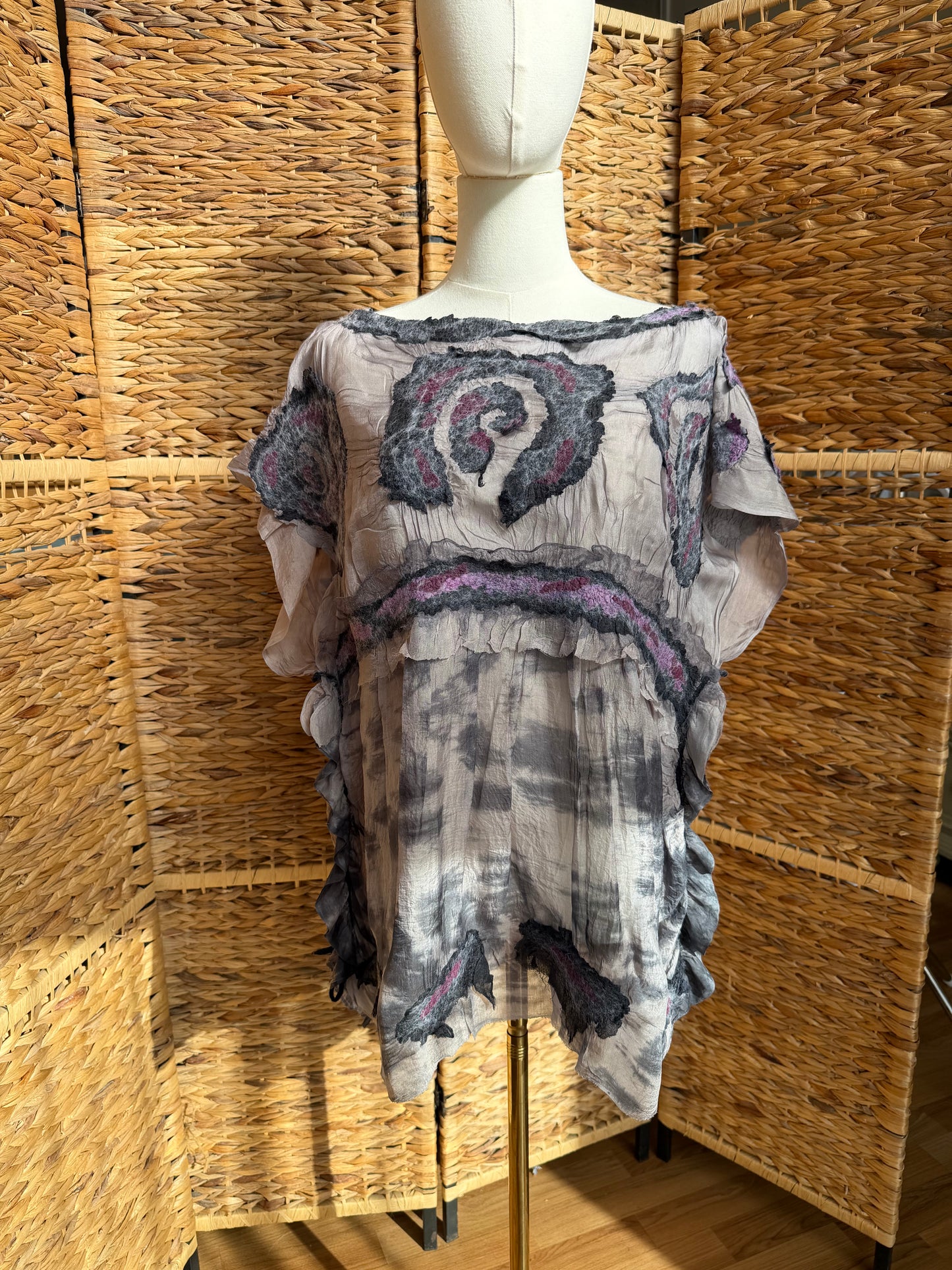 100% Natural Handmade Nuno Felted Silk Merino Wool Linen Bamboo Tunic Vest Eco-Friendly Gauze Blouse One Size S-M