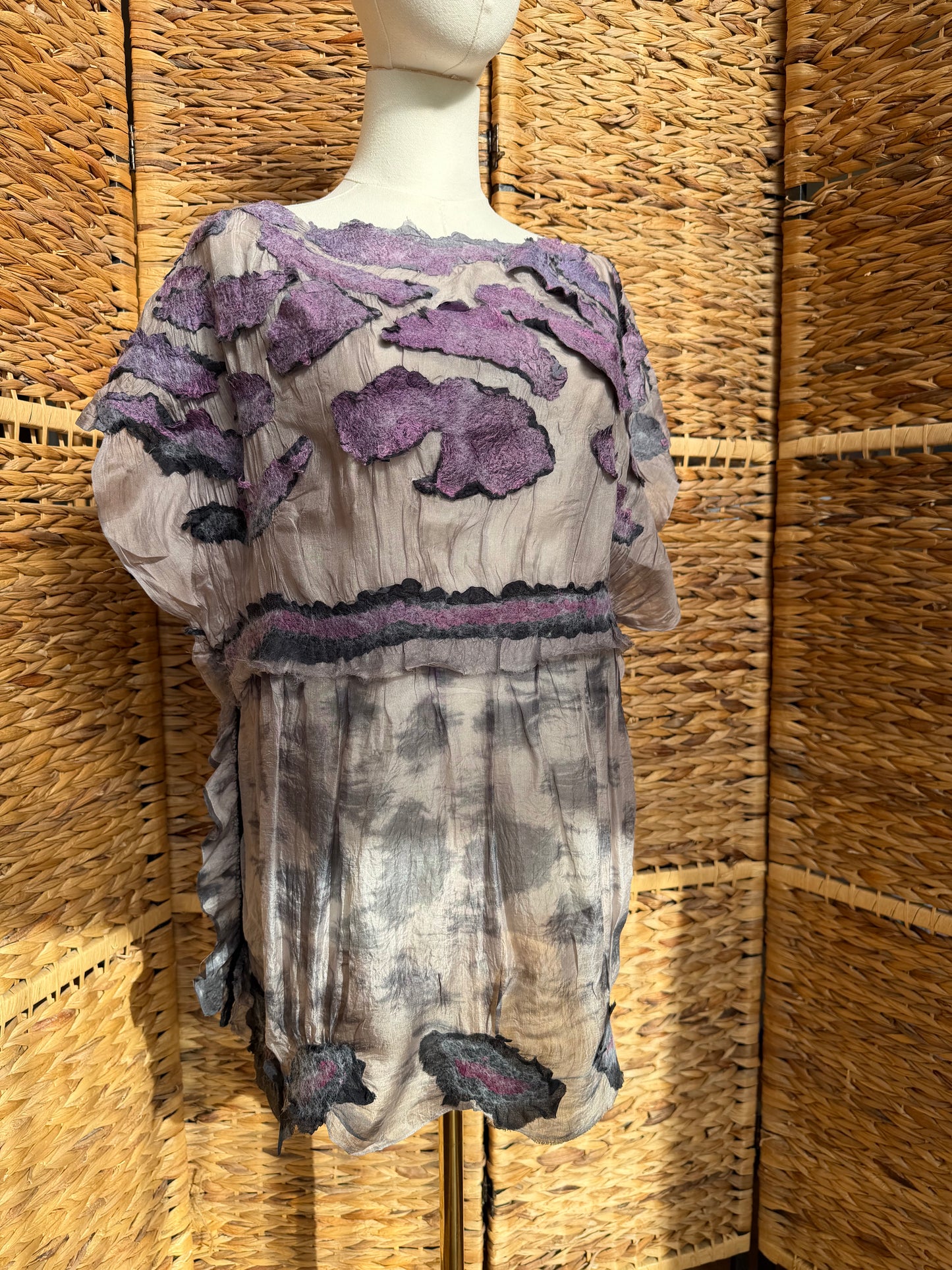 100% Natural Handmade Nuno Felted Silk Merino Wool Linen Bamboo Tunic Vest Eco-Friendly Gauze Blouse One Size S-M