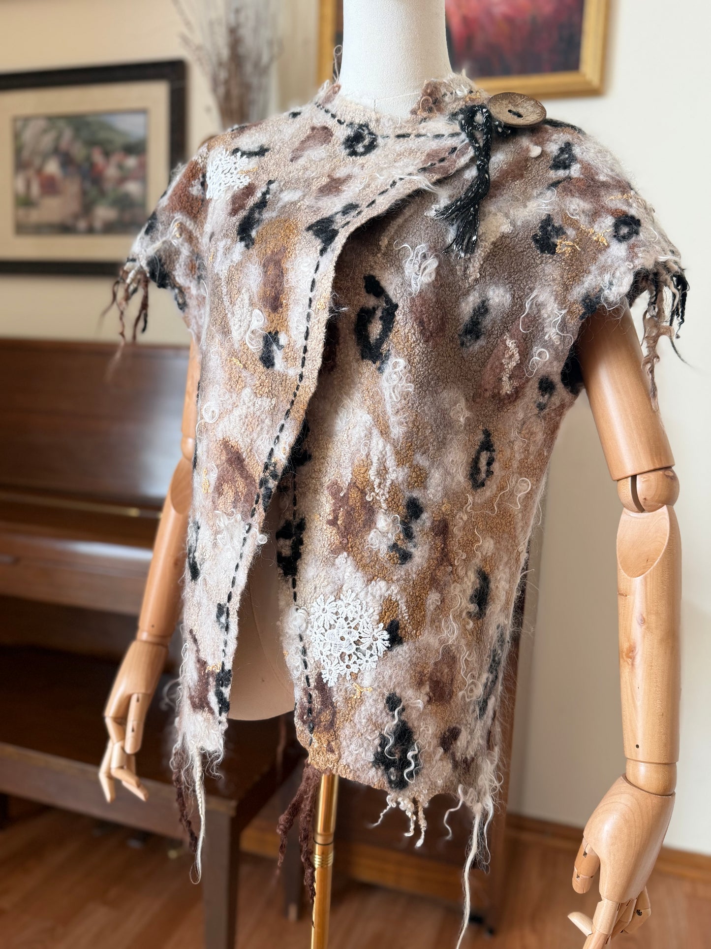 100%Natural Wool Silk Eco-Fashion Handmade Nuno Felted Eco Friendly Vest Top Tunic Blouse Waistcoat Sweater Sweatshirt . Good For One Size S-L