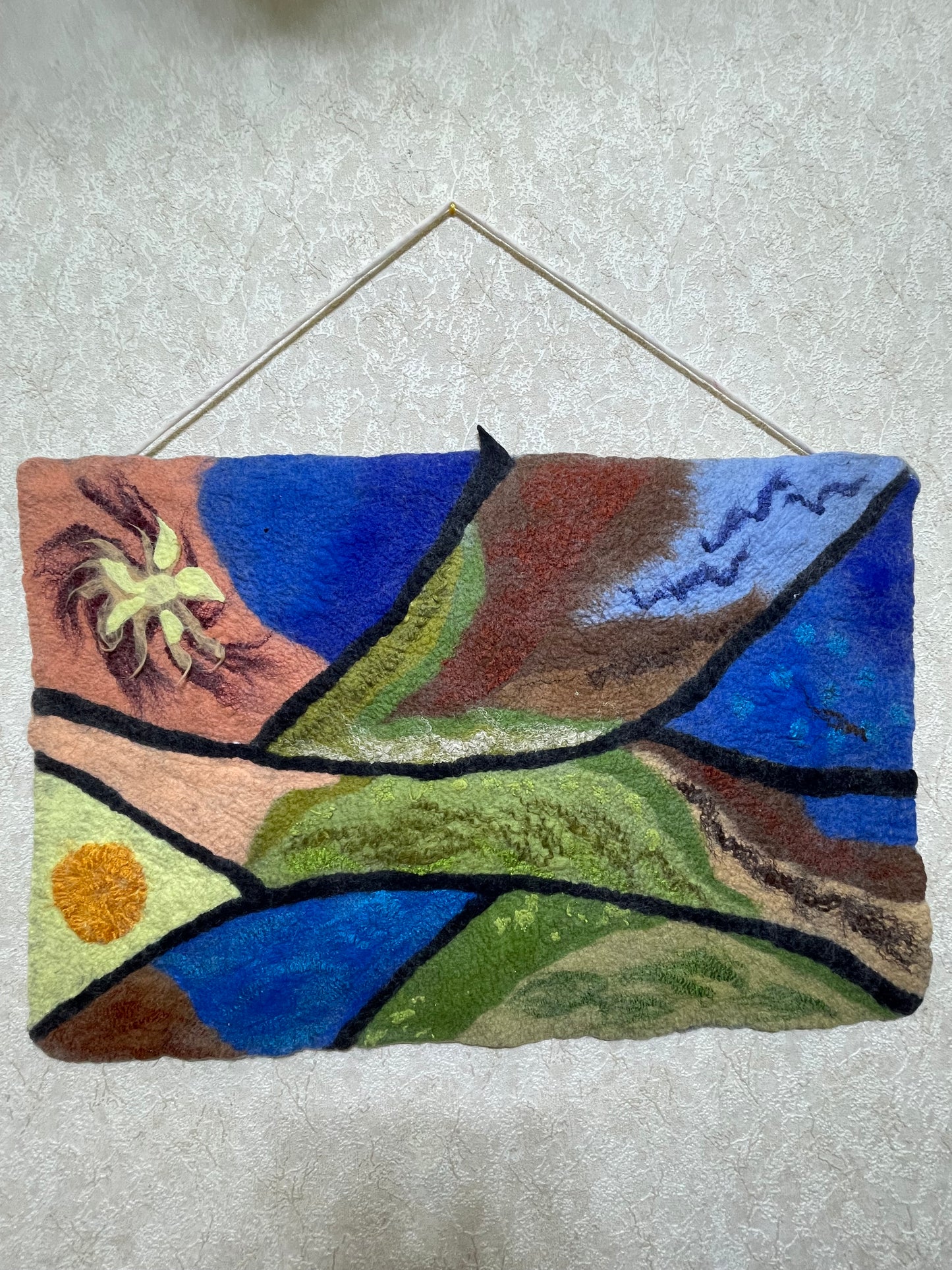 100% natural wool  felted wall art hanging/home  decor“ California Spring ”. Size 43”/27” .Natural merino wool and other natural fibers