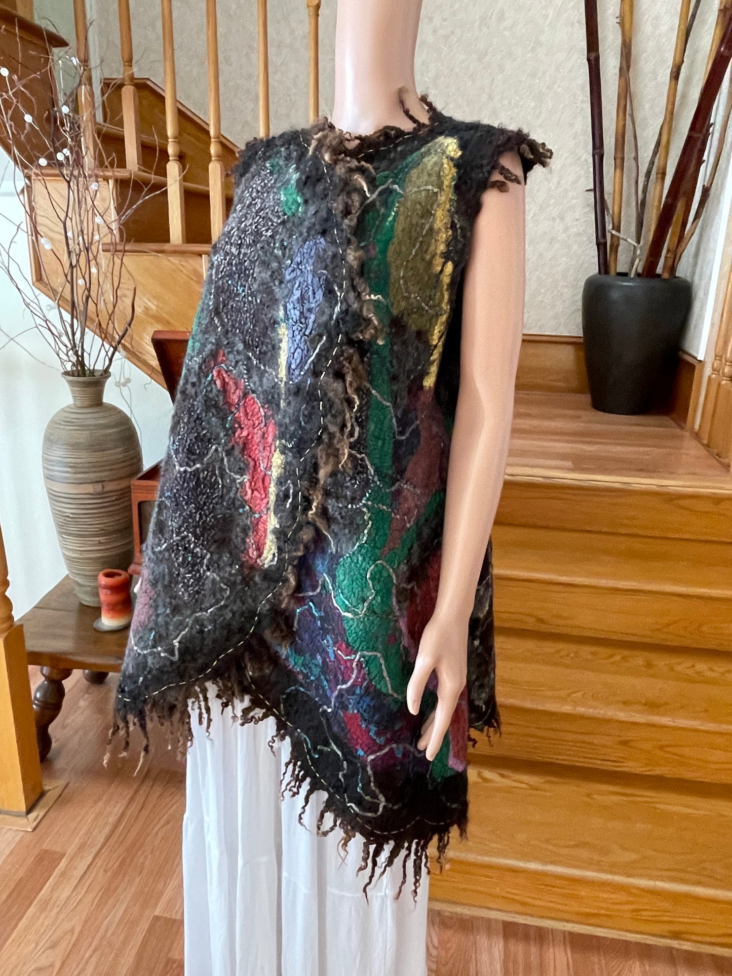 100% Natural Wool Silk Vest Eco-Fashion Top Handmade Nuno felt Wrap Eco Friendly Jacket Bohemian Style Waistcoat Cardigan One Size S-XL