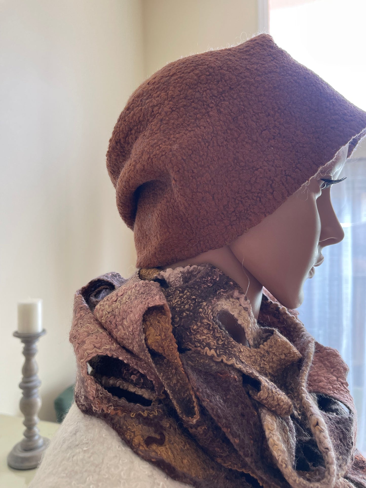 100% Natural Wool Silk Hat and Scarf Set Handmade Unique Gift Eco Fashion Beret Cap Beanie Shanter Shawl Wrap Bactus Muffler Snood