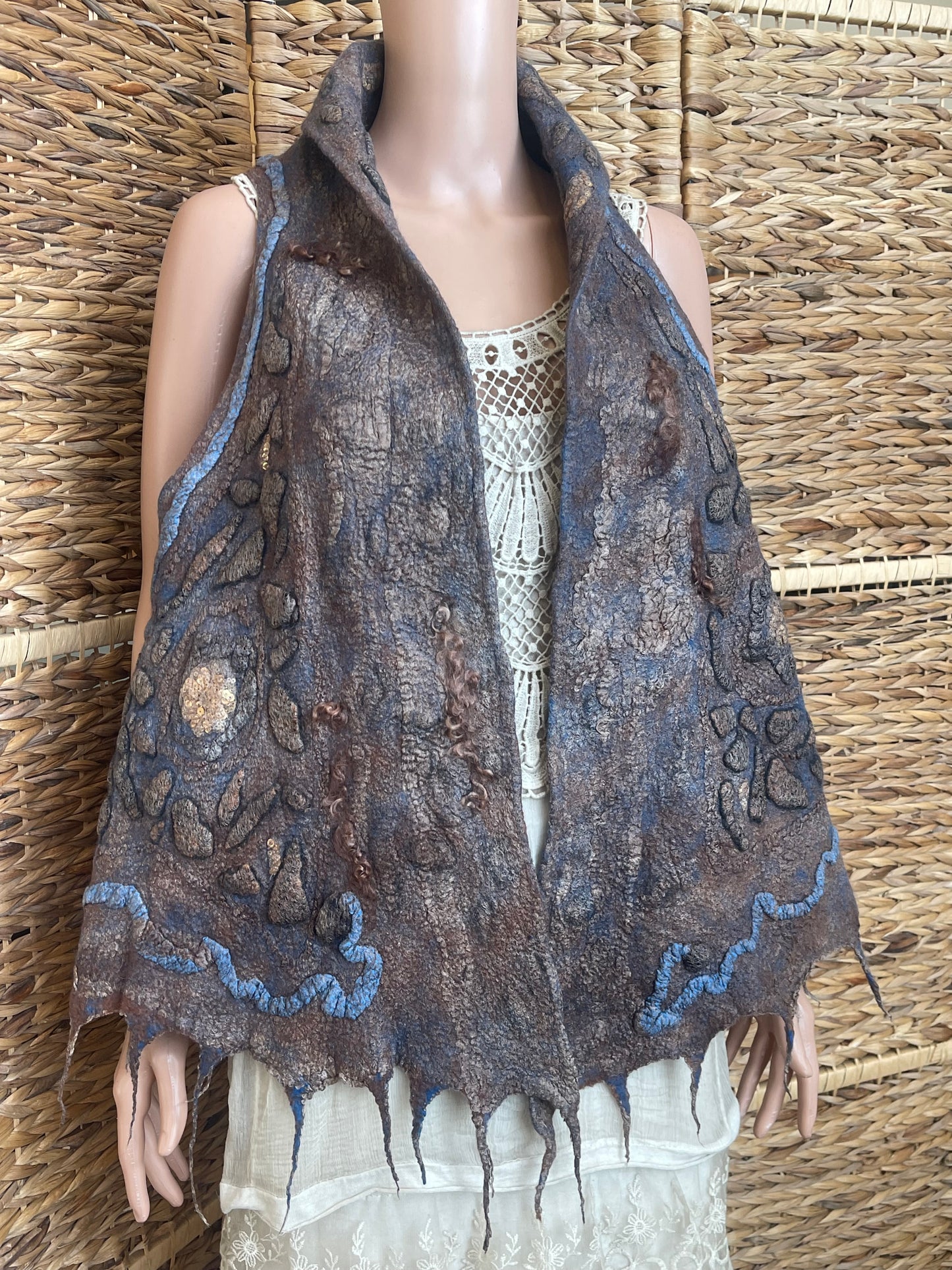 Natural Wool Silk Vest Eco-Fashion Top Handmade Nuno felt Wrap  Wearable  Eco Friendly Bohemian Style Waistcoat Top Sustainable Clothing