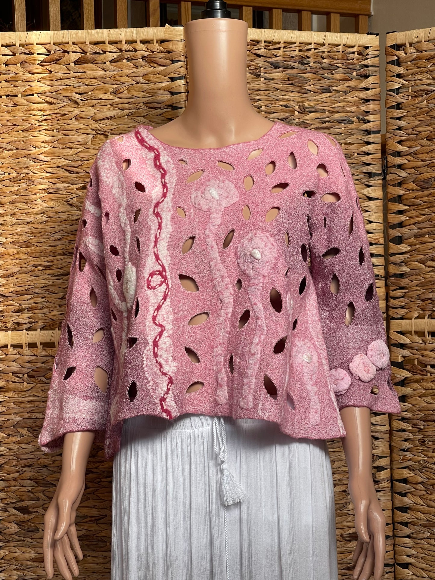 100% Natural Pullover Eco-Fashion Handmade Nuno Felted Silk Wool Eco Friendly Wearable Art Sweater Top Tunic Blouse Sweatshirt  Size S-M