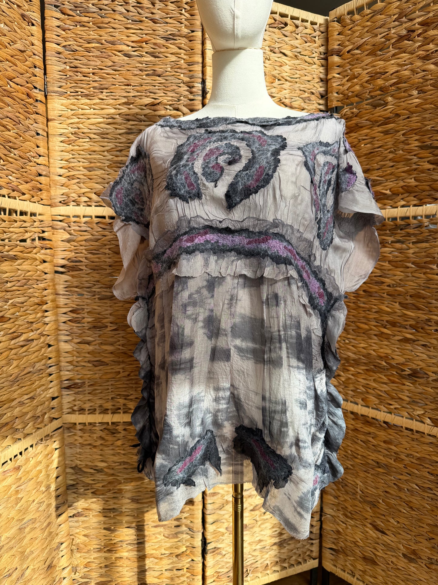 100% Natural Handmade Nuno Felted Silk Merino Wool Linen Bamboo Tunic Vest Eco-Friendly Gauze Blouse One Size S-M