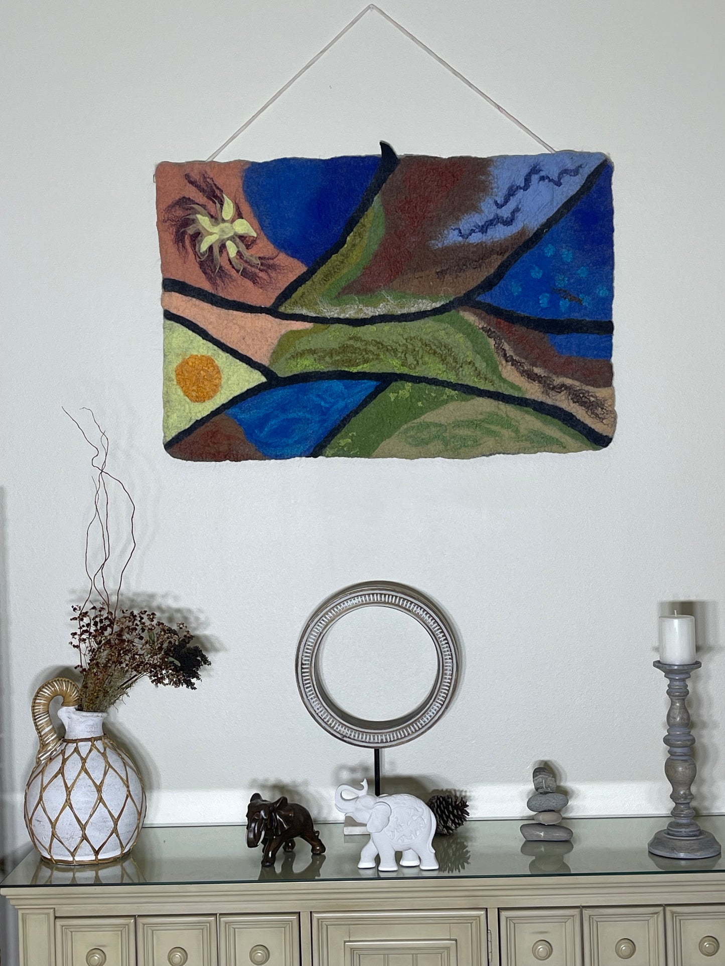 100% natural wool  felted wall art hanging/home  decor“ California Spring ”. Size 43”/27” .Natural merino wool and other natural fibers