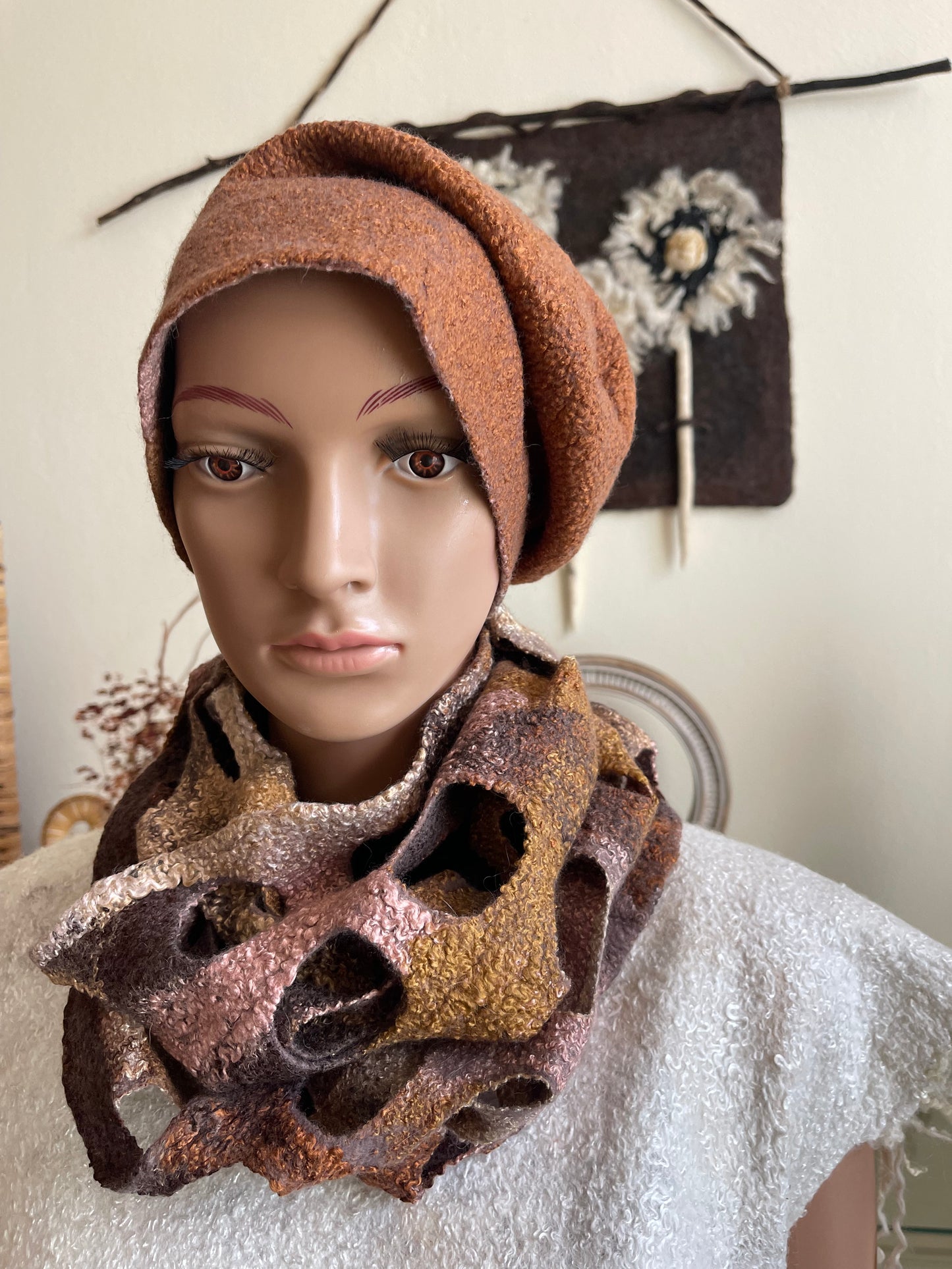 100% Natural Wool Silk Hat and Scarf Set Handmade Unique Gift Eco Fashion Beret Cap Beanie Shanter Shawl Wrap Bactus Muffler Snood