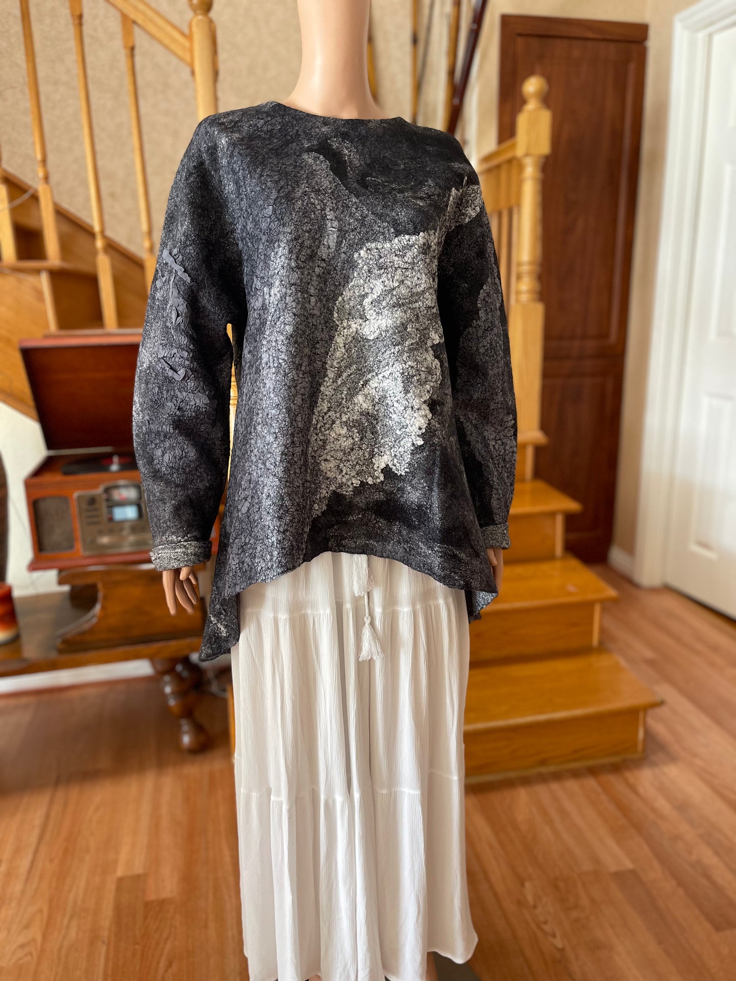 100% Natural Fibers Eco-Fashion Handmade Nuno Felted Silk Wool Eco Friendly Wearable Art Sweater Top Tunic Blouse Sweatshirt  One Size S-XL